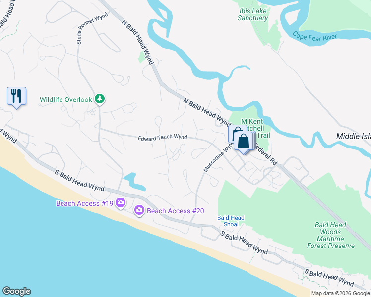 map of restaurants, bars, coffee shops, grocery stores, and more near 17 Ibis Roost in Bald Head Island