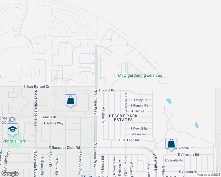 map of restaurants, bars, coffee shops, grocery stores, and more near 1840 East Joyce Drive in Palm Springs