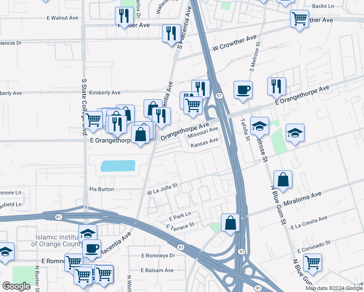map of restaurants, bars, coffee shops, grocery stores, and more near 820 Cardinal Street in Placentia
