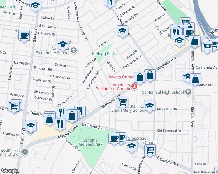 map of restaurants, bars, coffee shops, grocery stores, and more near 1925 Kellogg Avenue in Corona