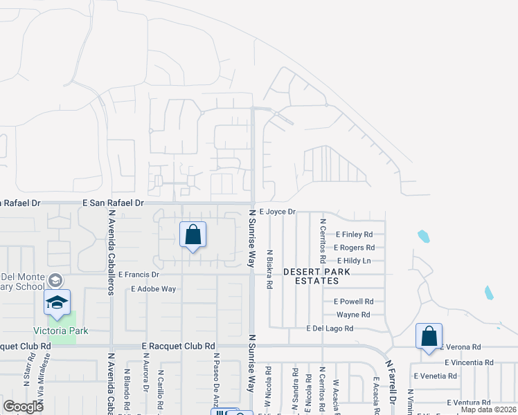 map of restaurants, bars, coffee shops, grocery stores, and more near 1700 East Joyce Drive in Palm Springs