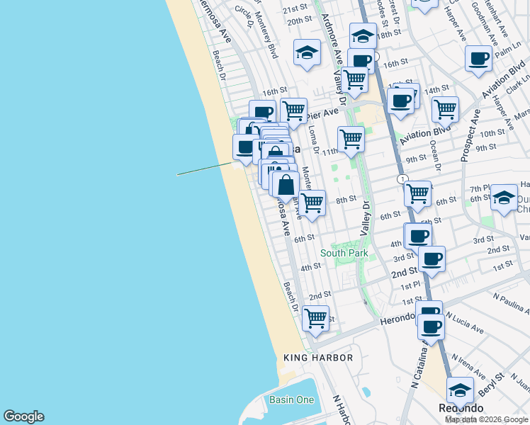 map of restaurants, bars, coffee shops, grocery stores, and more near in Hermosa Beach