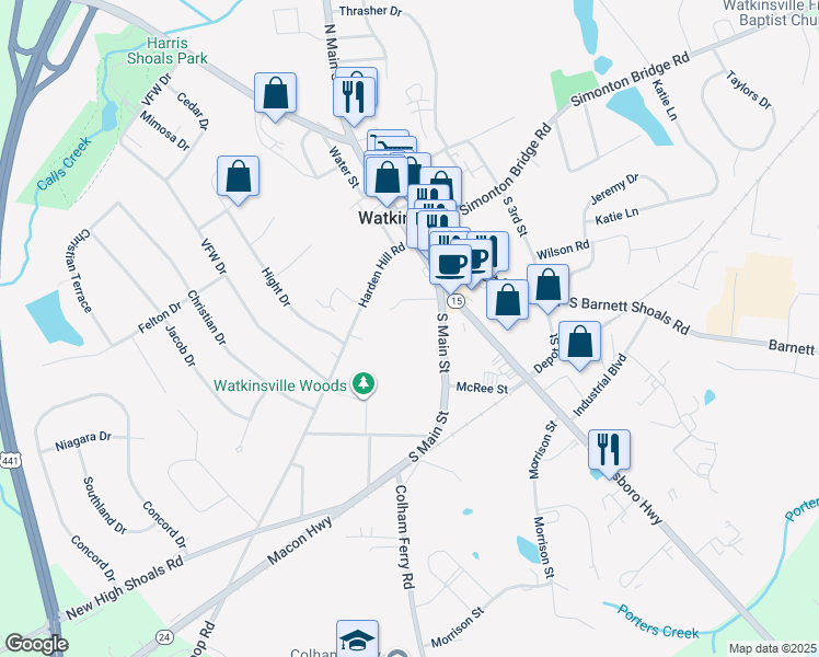 map of restaurants, bars, coffee shops, grocery stores, and more near 21 South Main Street in Watkinsville