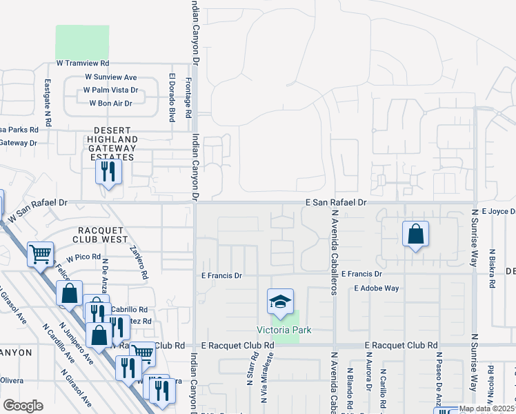map of restaurants, bars, coffee shops, grocery stores, and more near 3045 Sequoia Drive North in Palm Springs