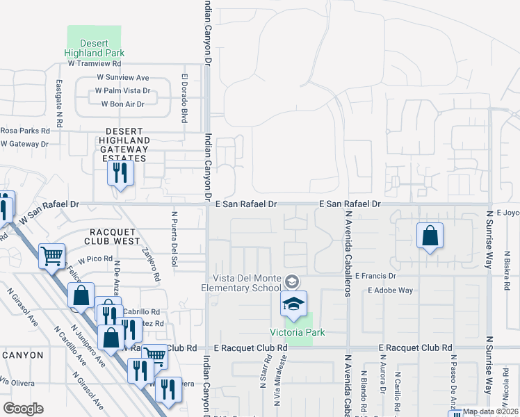 map of restaurants, bars, coffee shops, grocery stores, and more near 445 East San Rafael Drive in Palm Springs