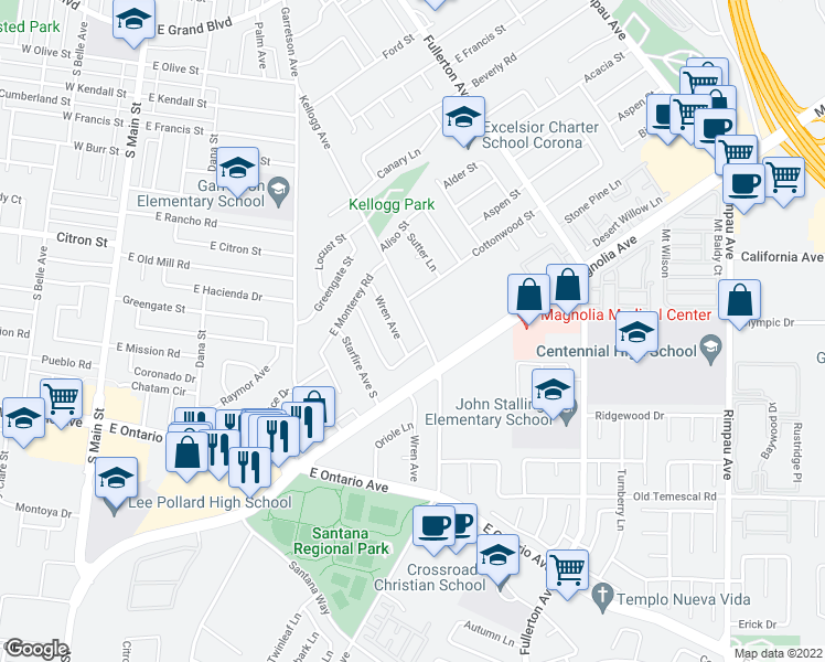 map of restaurants, bars, coffee shops, grocery stores, and more near 1925 Kellogg Avenue in Corona