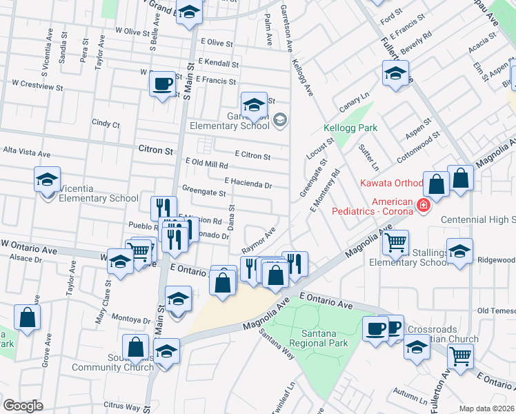 map of restaurants, bars, coffee shops, grocery stores, and more near 366 Greengates Street in Corona