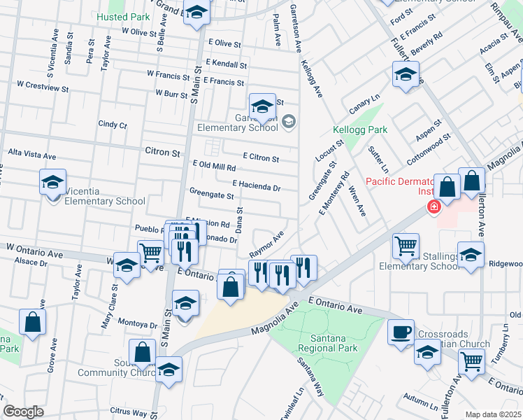 map of restaurants, bars, coffee shops, grocery stores, and more near 366 Greengates Street in Corona