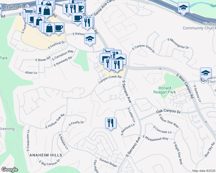 map of restaurants, bars, coffee shops, grocery stores, and more near 8247 East Blackwillow Circle in Anaheim