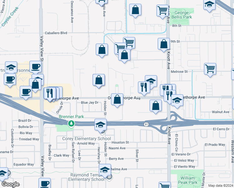 map of restaurants, bars, coffee shops, grocery stores, and more near 29 Revell Circle in Buena Park