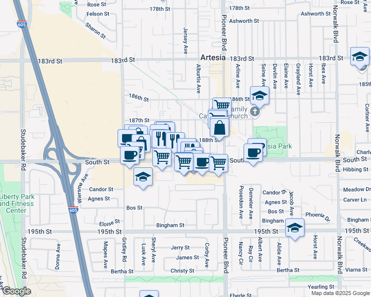 map of restaurants, bars, coffee shops, grocery stores, and more near 18811 Jersey Avenue in Artesia