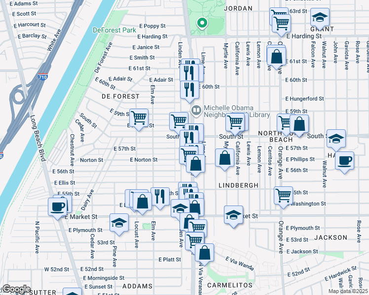 map of restaurants, bars, coffee shops, grocery stores, and more near 5711 Atlantic Avenue in Long Beach