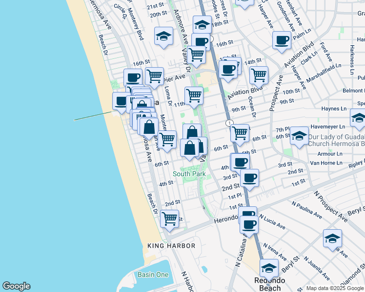 map of restaurants, bars, coffee shops, grocery stores, and more near 751 Loma Drive in Hermosa Beach