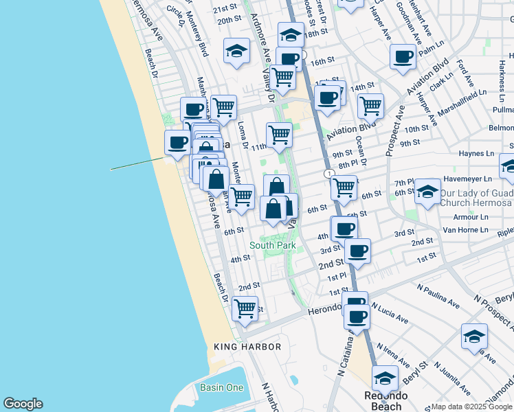map of restaurants, bars, coffee shops, grocery stores, and more near 751 Loma Drive in Hermosa Beach