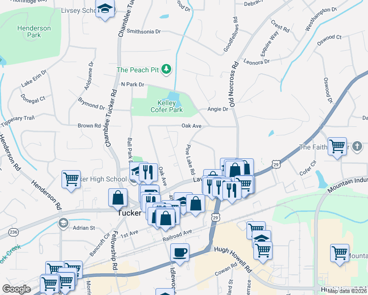 map of restaurants, bars, coffee shops, grocery stores, and more near 4325 Lehaven Circle in Tucker