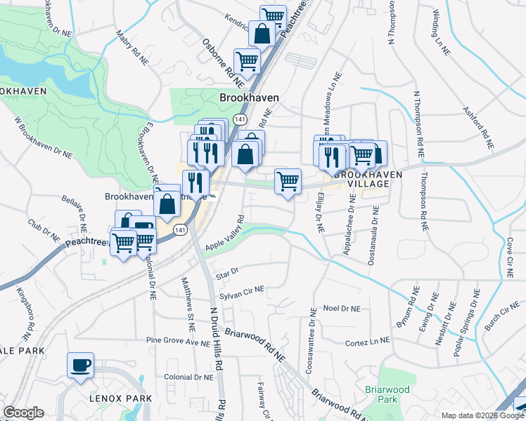 map of restaurants, bars, coffee shops, grocery stores, and more near 1271 Appleden Trace in Brookhaven
