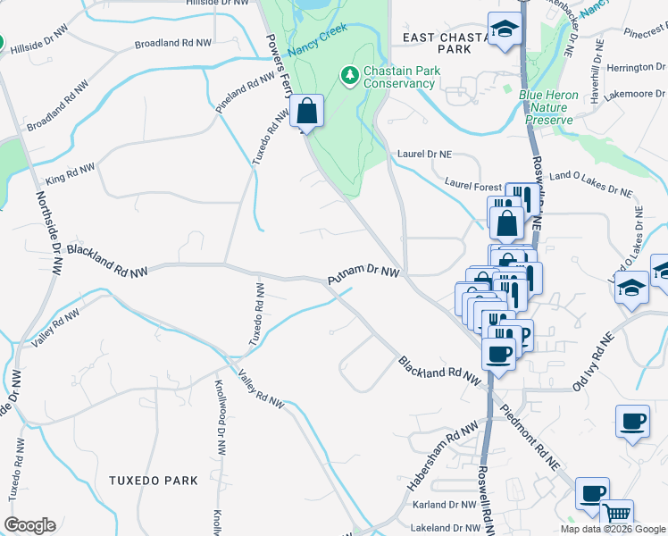 map of restaurants, bars, coffee shops, grocery stores, and more near 91 Putnam Drive Northwest in Atlanta