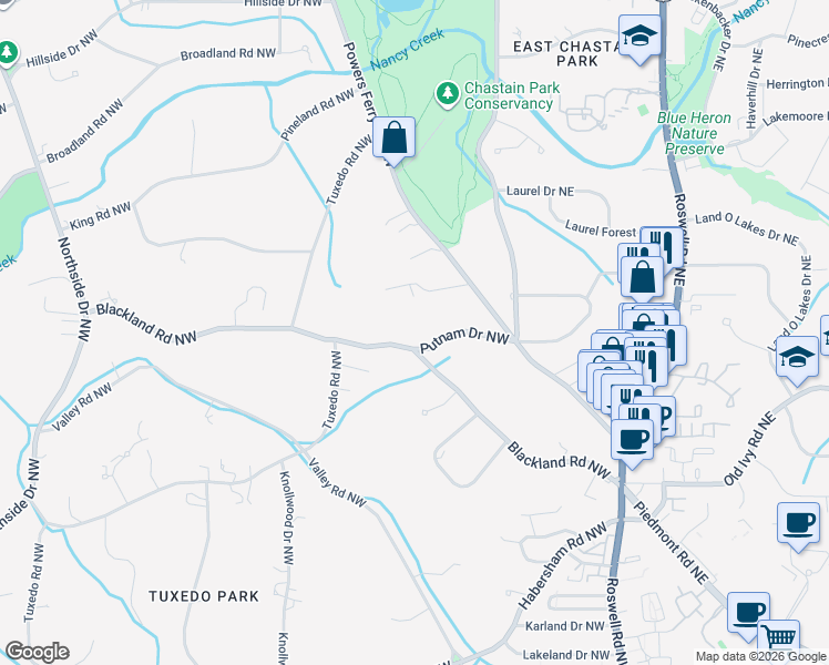 map of restaurants, bars, coffee shops, grocery stores, and more near 81 Putnam Drive Northwest in Atlanta
