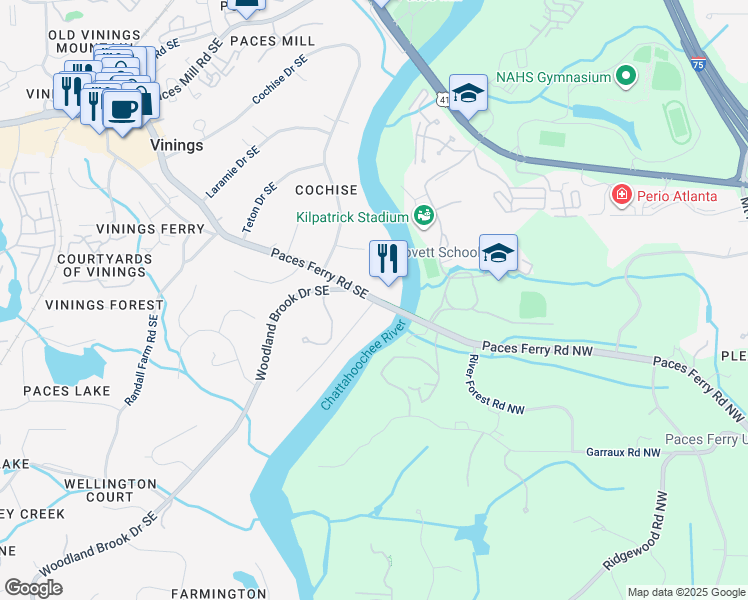map of restaurants, bars, coffee shops, grocery stores, and more near 4199 Paces Ferry Road Southeast in Atlanta