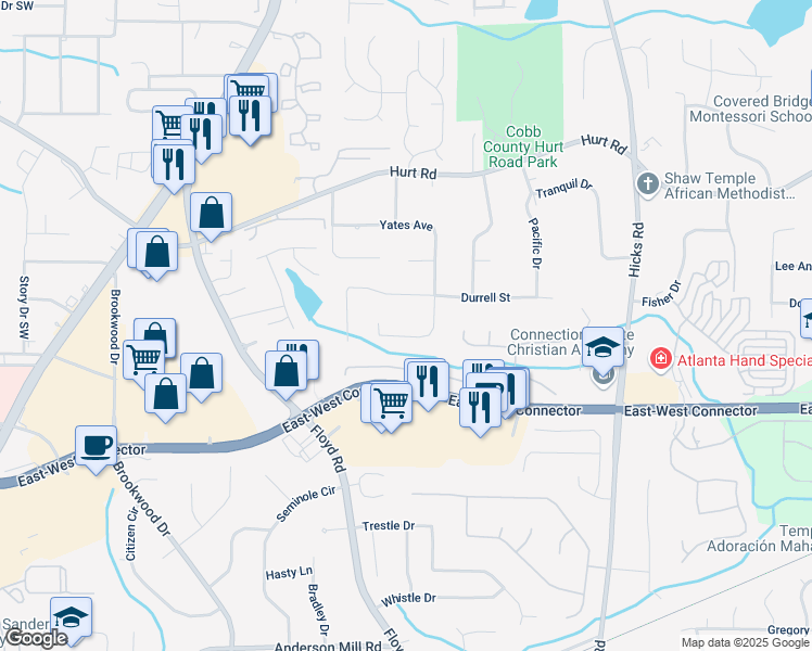 map of restaurants, bars, coffee shops, grocery stores, and more near 1394 Yates Avenue in Austell