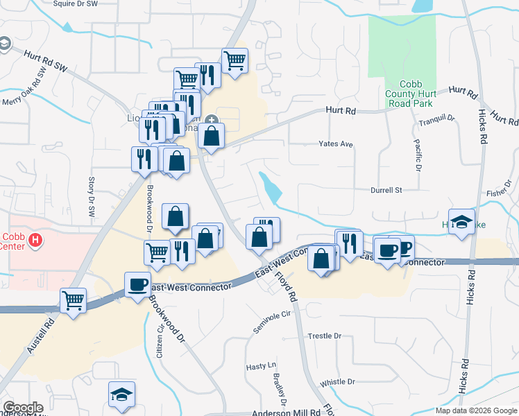 map of restaurants, bars, coffee shops, grocery stores, and more near 3868 Guilderoy Lane in Austell