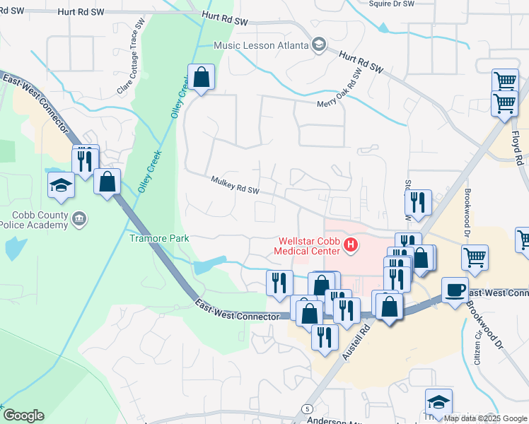 map of restaurants, bars, coffee shops, grocery stores, and more near 2100 Cranbrook Circle Southwest in Marietta