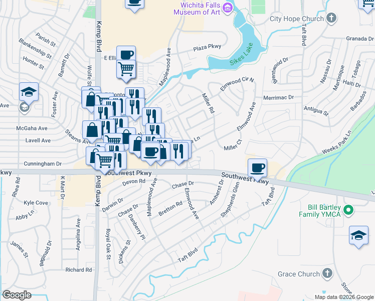 map of restaurants, bars, coffee shops, grocery stores, and more near 2909 Loma Linda Lane in Wichita Falls