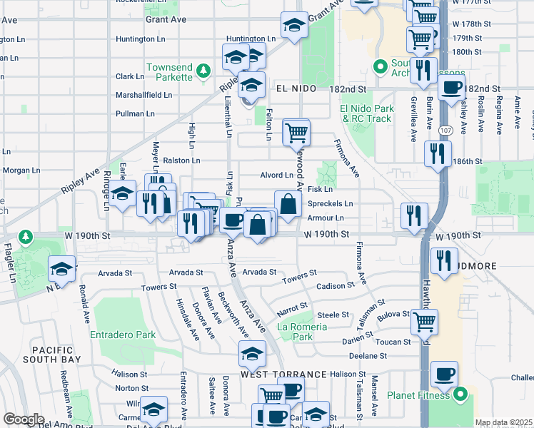 map of restaurants, bars, coffee shops, grocery stores, and more near 2514 Spreckels Lane in Redondo Beach
