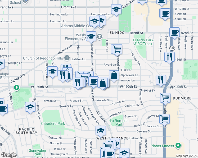 map of restaurants, bars, coffee shops, grocery stores, and more near 603 Pruitt Drive in Redondo Beach