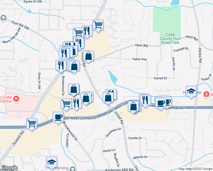 map of restaurants, bars, coffee shops, grocery stores, and more near 1320 Guilderoy Lane in Austell