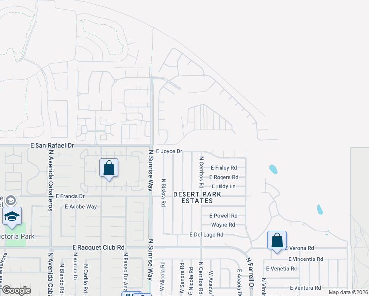 map of restaurants, bars, coffee shops, grocery stores, and more near 2020 East Joyce Drive in Palm Springs