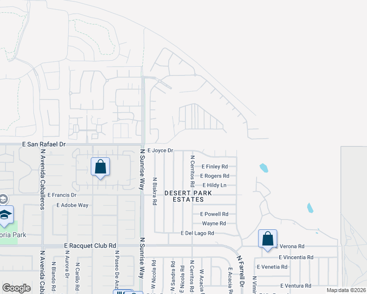 map of restaurants, bars, coffee shops, grocery stores, and more near 2020 East Joyce Drive in Palm Springs