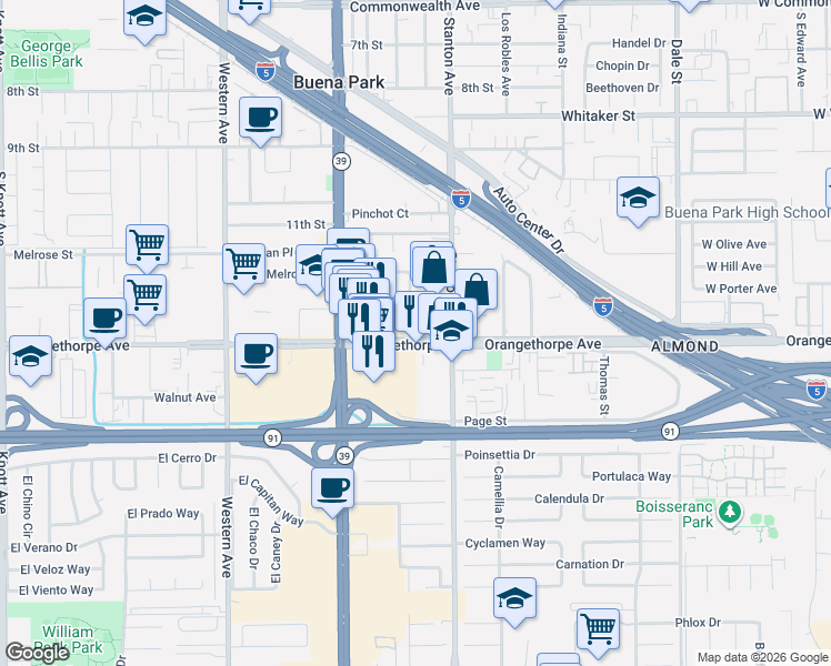 map of restaurants, bars, coffee shops, grocery stores, and more near 7911 Orangethorpe Avenue in Buena Park