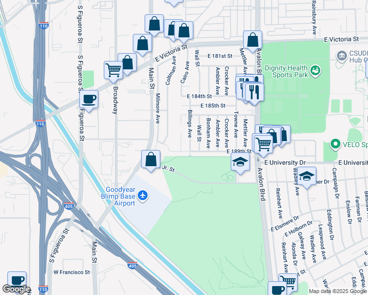 map of restaurants, bars, coffee shops, grocery stores, and more near 18812 Billings Avenue in Carson