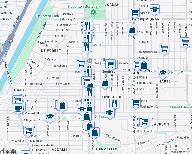 map of restaurants, bars, coffee shops, grocery stores, and more near 5700 Lime Avenue in Long Beach