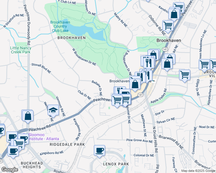 map of restaurants, bars, coffee shops, grocery stores, and more near 1228 Bellaire Drive Northeast in Brookhaven