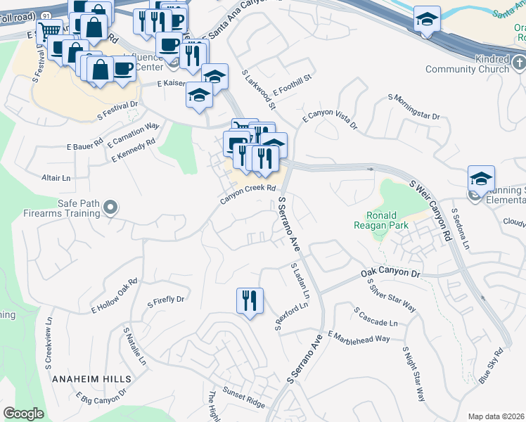 map of restaurants, bars, coffee shops, grocery stores, and more near 8261 East Blackwillow Circle in Anaheim