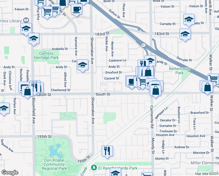 map of restaurants, bars, coffee shops, grocery stores, and more near 18946 Vickie Avenue in Cerritos