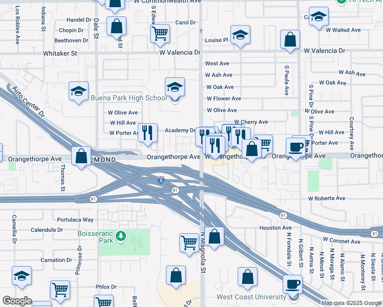 map of restaurants, bars, coffee shops, grocery stores, and more near 8933 Orangethorpe Avenue in Buena Park