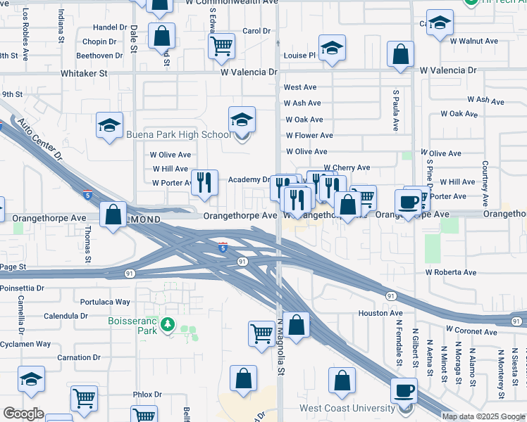 map of restaurants, bars, coffee shops, grocery stores, and more near 8927 Orangethorpe Avenue in Buena Park