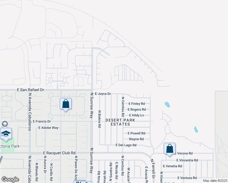map of restaurants, bars, coffee shops, grocery stores, and more near 2008 East Joyce Drive in Palm Springs