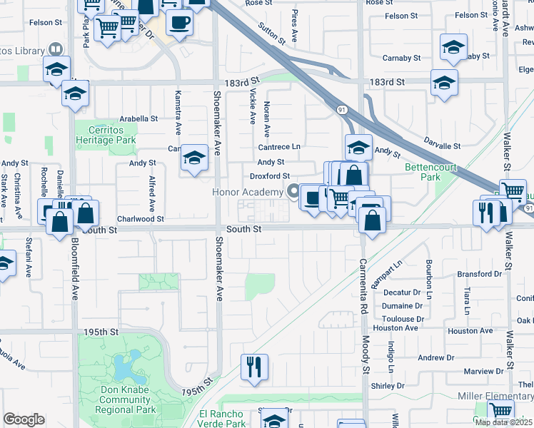 map of restaurants, bars, coffee shops, grocery stores, and more near 18944 Vickie Avenue in Cerritos