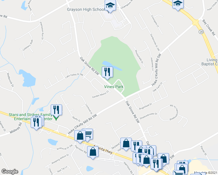 map of restaurants, bars, coffee shops, grocery stores, and more near 3606 Garden Manor Drive Southwest in Loganville
