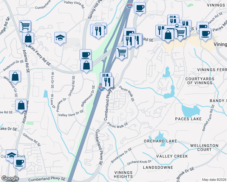 map of restaurants, bars, coffee shops, grocery stores, and more near 3926 Allegretto Circle in Atlanta