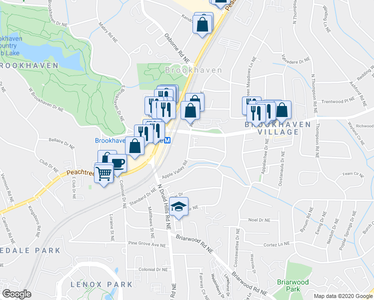 map of restaurants, bars, coffee shops, grocery stores, and more near 1272 Apple Valley Road Northeast in Brookhaven