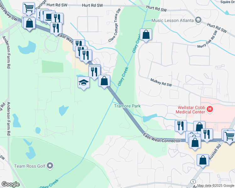 map of restaurants, bars, coffee shops, grocery stores, and more near 2255 East-West Connector in Austell
