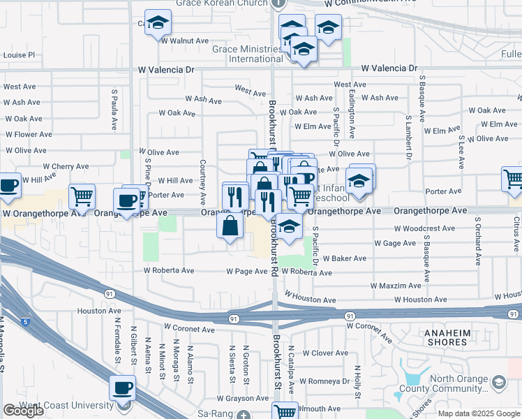 map of restaurants, bars, coffee shops, grocery stores, and more near 1849 W Orangethorpe Ave in Fullerton