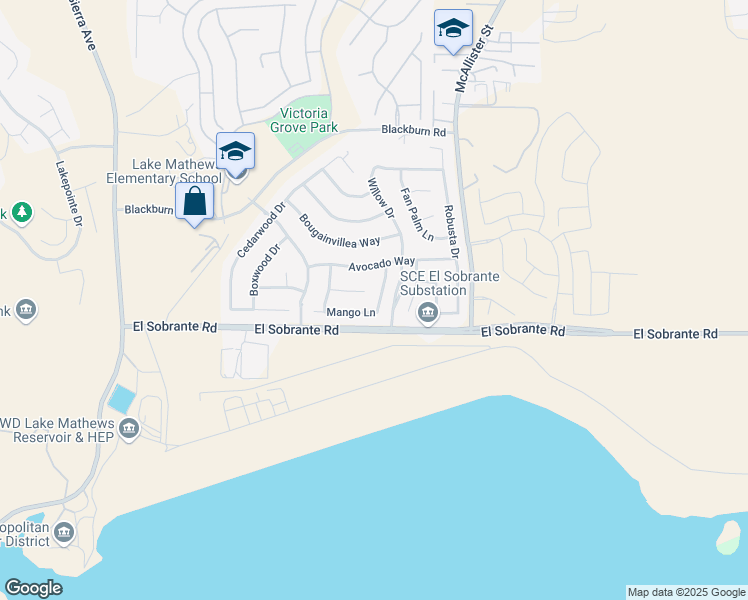 map of restaurants, bars, coffee shops, grocery stores, and more near 17959 Tangerine Way in Riverside