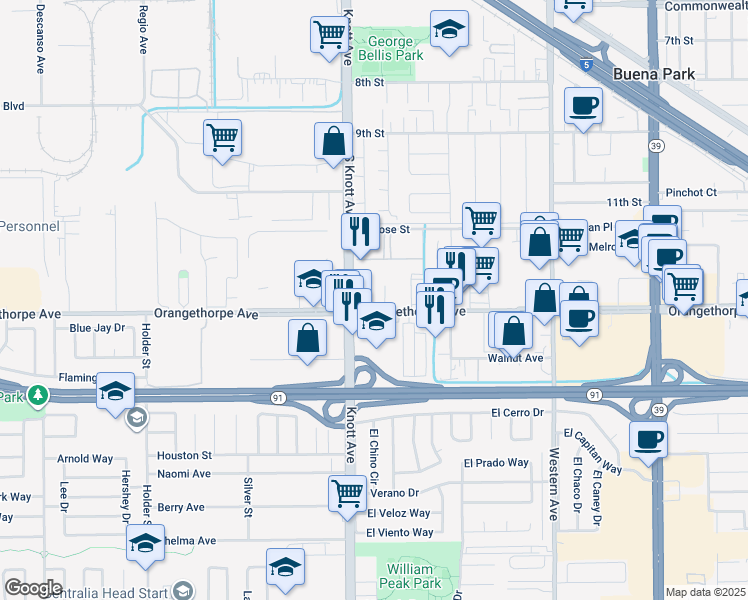 map of restaurants, bars, coffee shops, grocery stores, and more near 7037 Orangethorpe Avenue in Buena Park