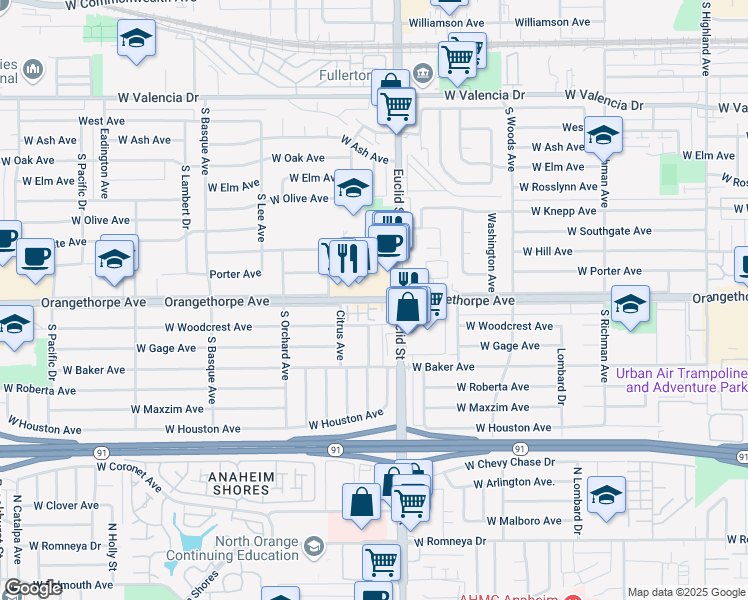 map of restaurants, bars, coffee shops, grocery stores, and more near 1043 West Orangethorpe Avenue in Fullerton
